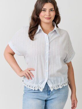 Plus Blue & White Stripped Short Sleeve Button Down Shirt with Drawstrings